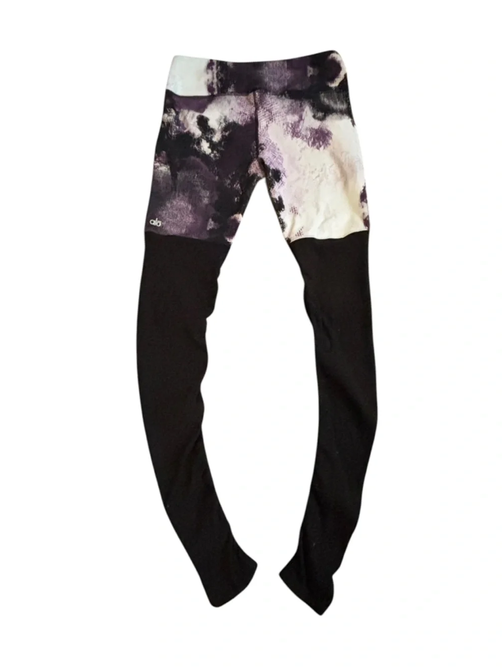 ALO Yoga Purple White Marble Print Goddess Leggings w Ribbed Black Trim, L